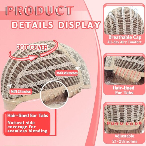 Wigyy Blonde Brown Ombre Wig Short Pixie Cut Synthetic Wig Bangs Daily Wear NEW - Picture 9 of 10